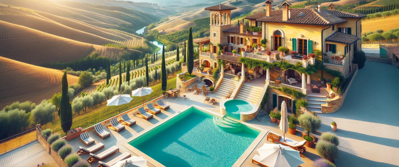 luxuriöses Ferienhaus in Italien mit privatem Pool umgeben von malerischer Landschaft"