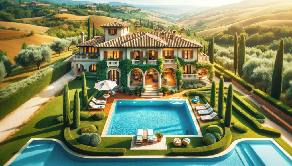 Gemütliches Ferienhaus mit glitzerndem Pool umgeben von der italienischen Landschaft"